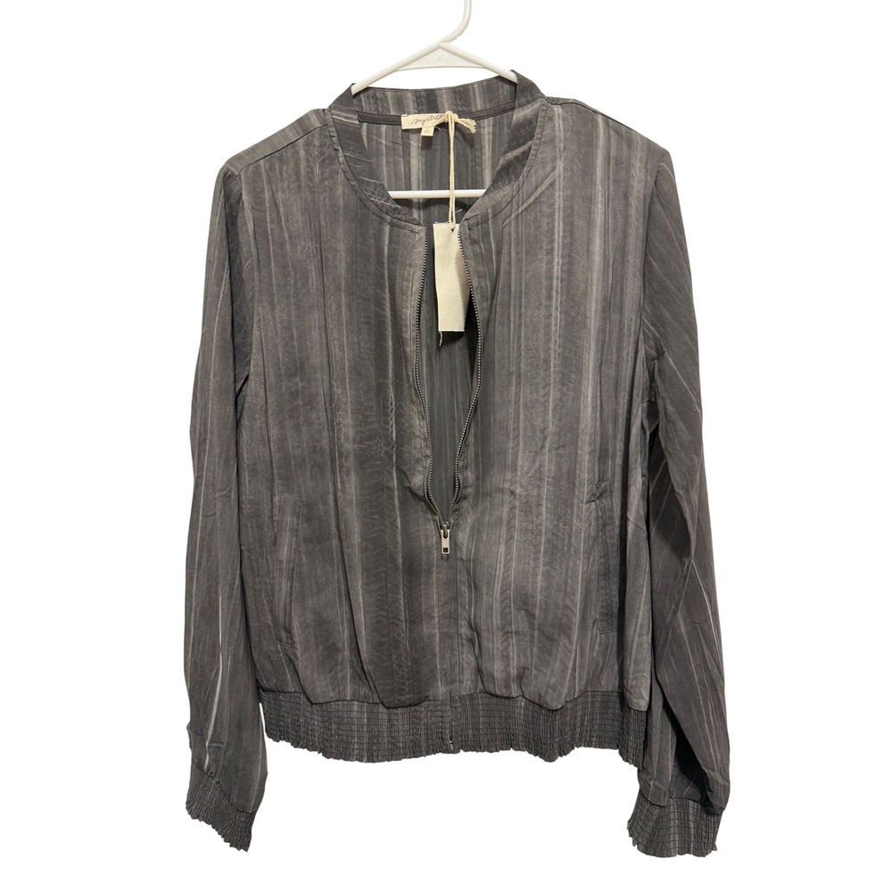Mystree Gray Vertical Stripe Bomber‎ Jacket Lightweight Quarter Zip Women's L